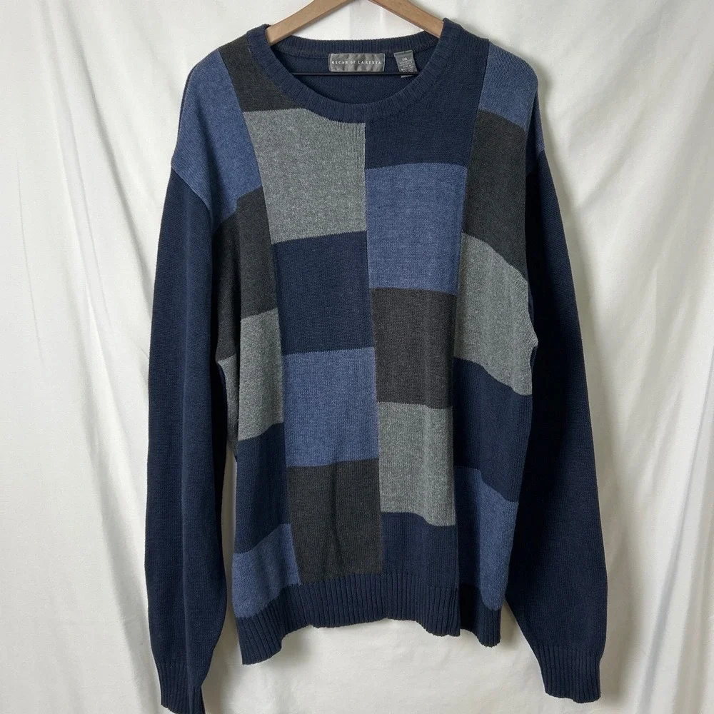 Oscar de la Renta Mens Sweater Blue Size XXL Colorblock Vintage Preppy Preppy